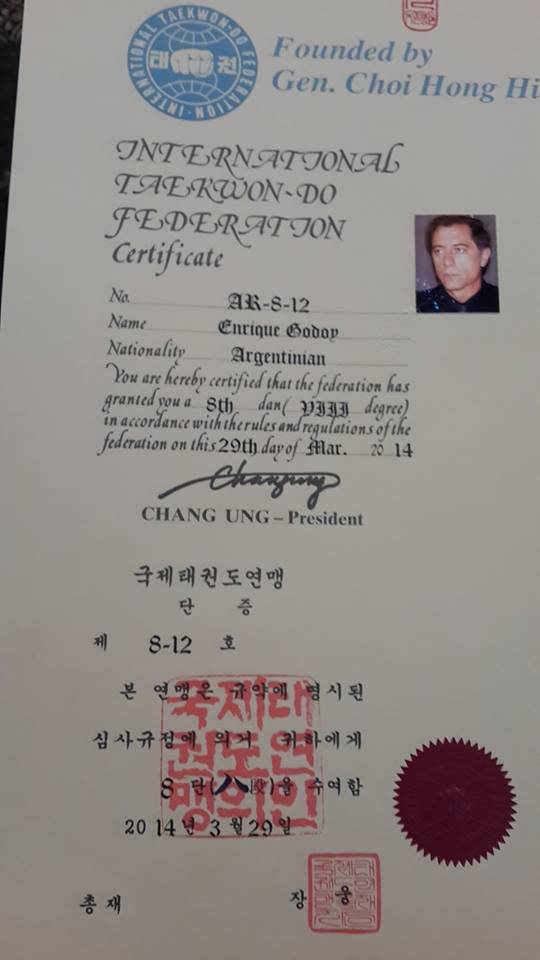 Certificado de VIII Dan de Enrique Godoy, International Taekwon-Do Federation